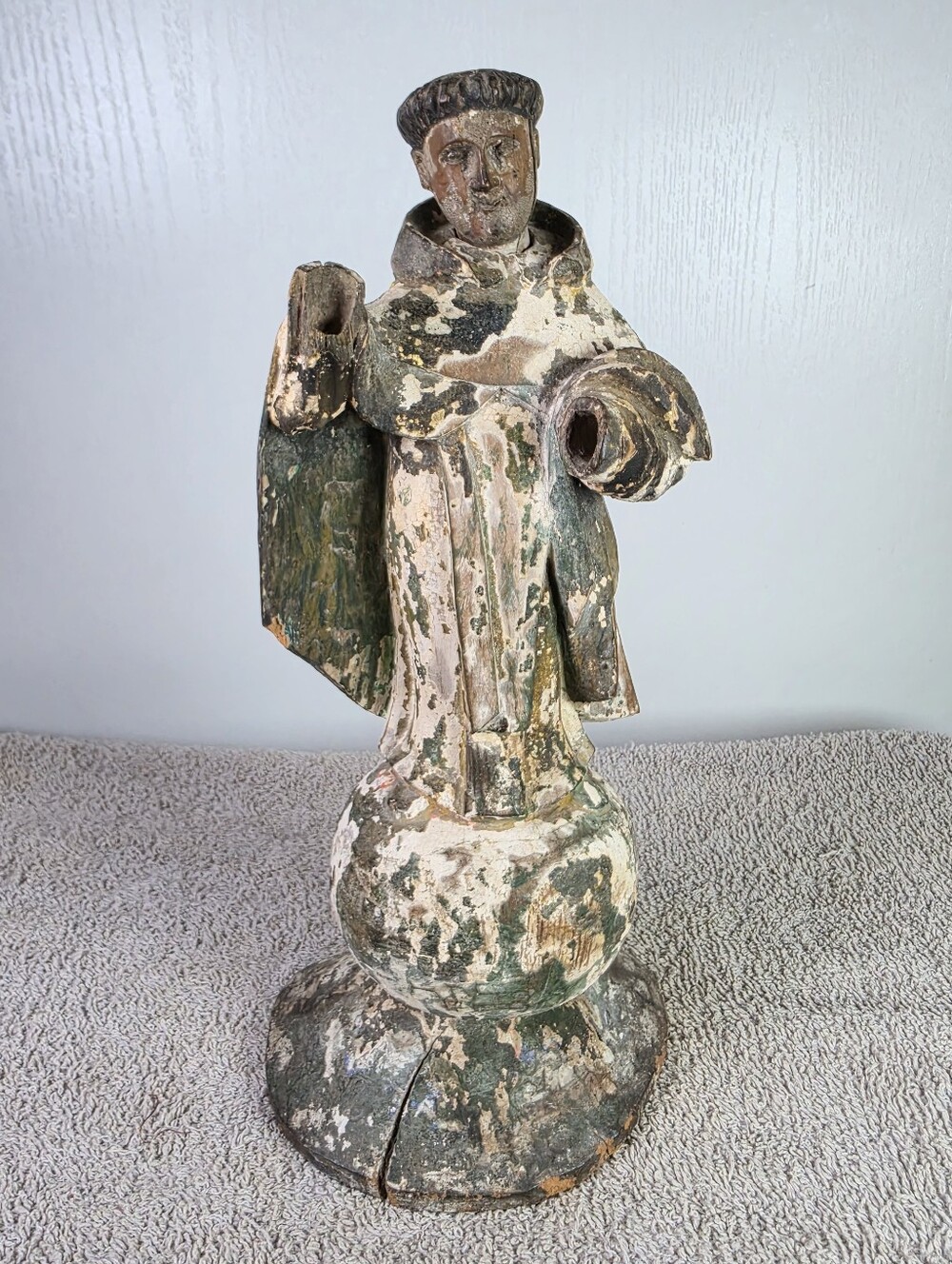 Handcrafted Distressed Religious Figurine in Green and Cream